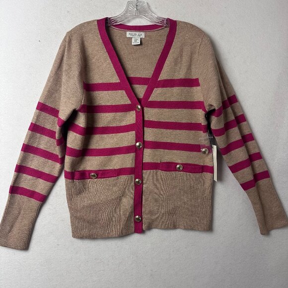 Rachel Zoe Women Knit Sweater Cardigan sz M Pink‎ Tan Stripe Gold Buttons - Picture 1 of 5